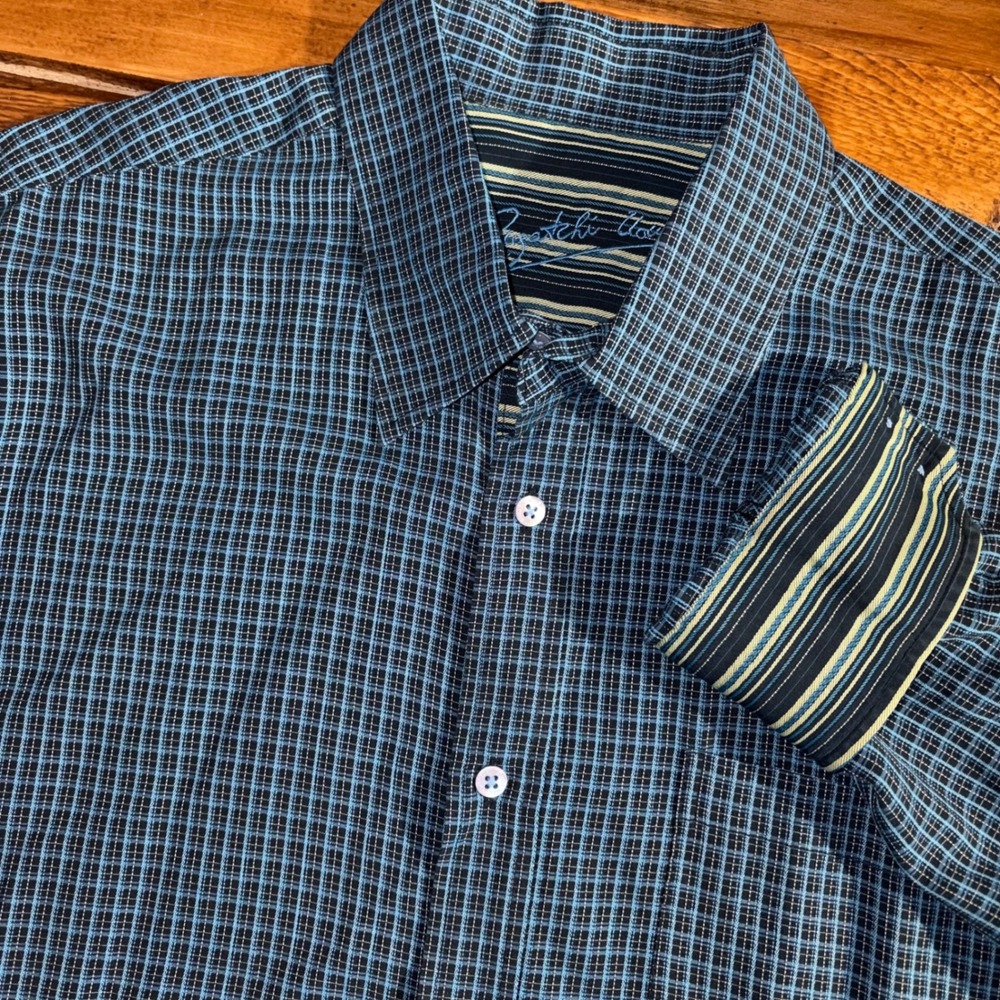 Bugatchi Uomo Shirt Men XXLT Blue Black Micro Check‎ Plaid Button Flip Cuff 2XLT